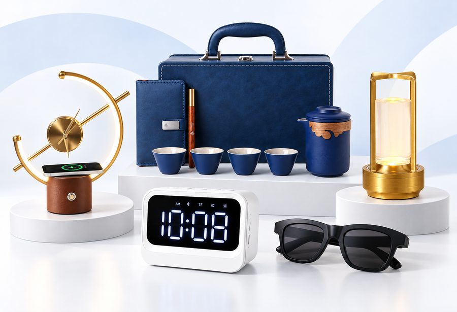 Bigsmall corporate gifting desk accessories flat lay - clock, briefcase, tea set, sunglasses, lamp, alarm clock