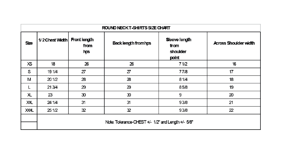 BS136 - Levis Polyester Round Neck T-Shirt size chart