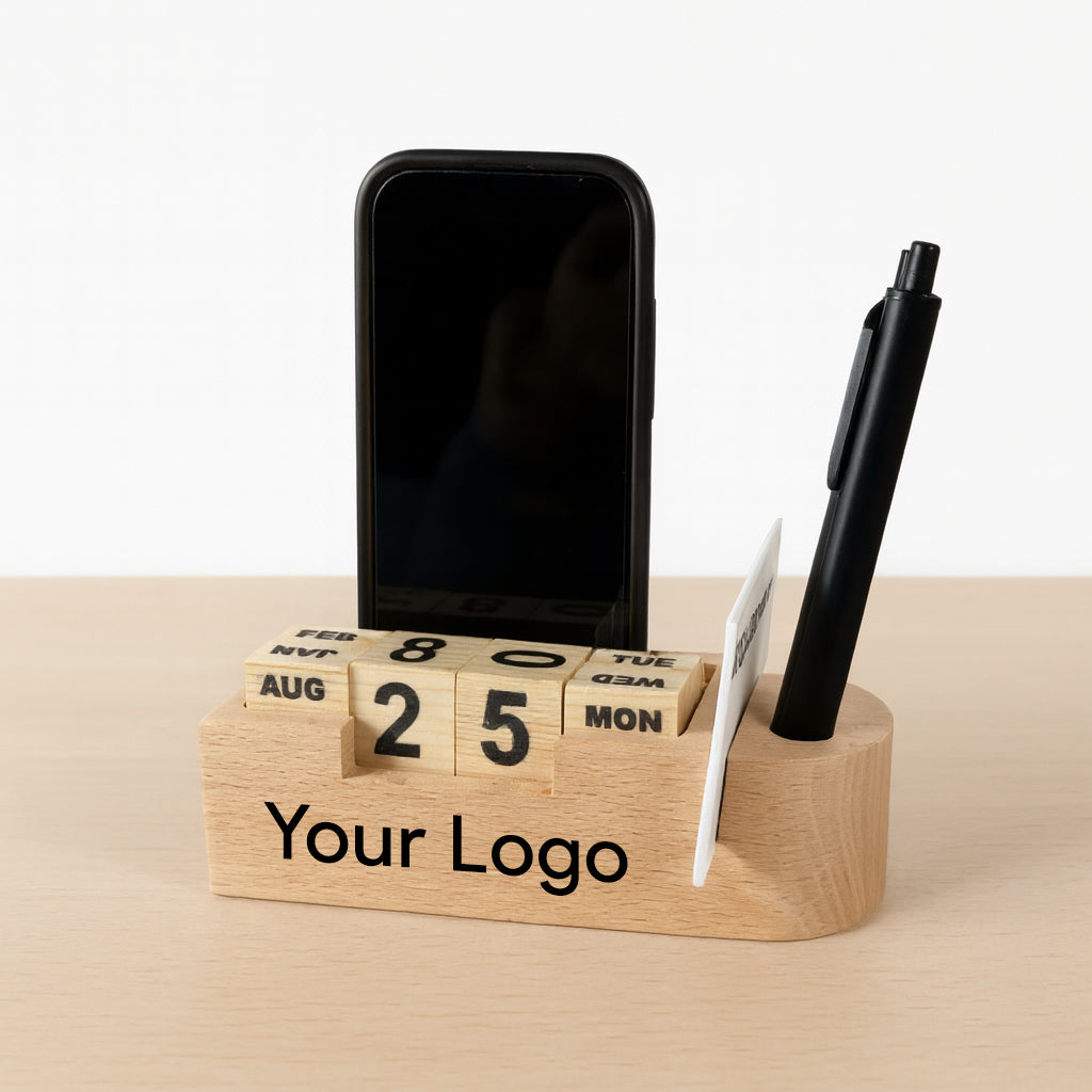 OE120 - 4-in-1 Wooden Beech Desk Stand – Perpetual Calendar, Pen Holder, Card Holder & Mobile Stand - Image 2