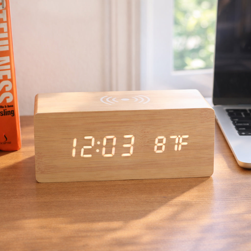 ED59- Wooden Digital Alarm Clock with Wireless Charging
