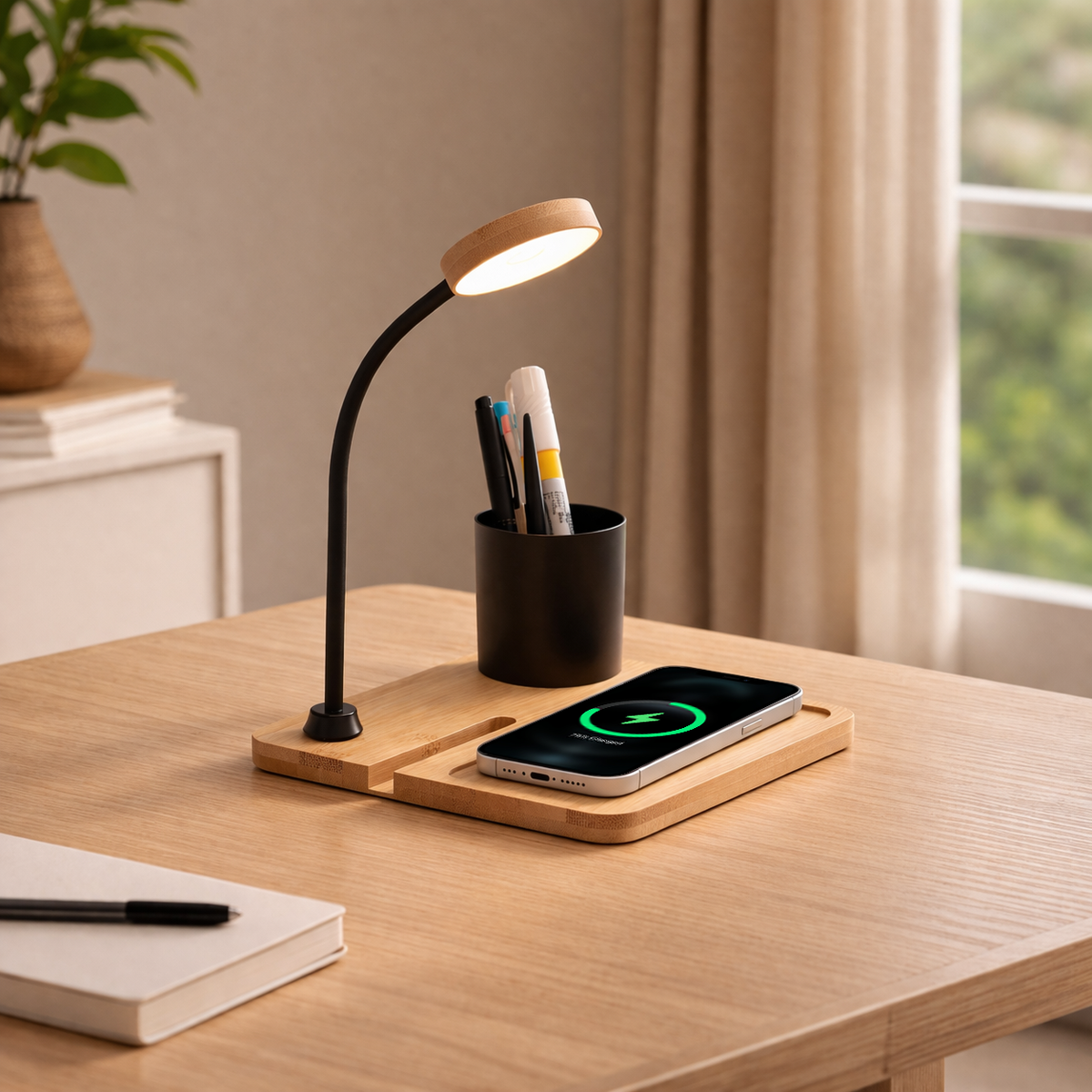 ED162- WoodWave 15W Wireless Charger, LED Lamp, Metal Pen Holder & Phone Stand