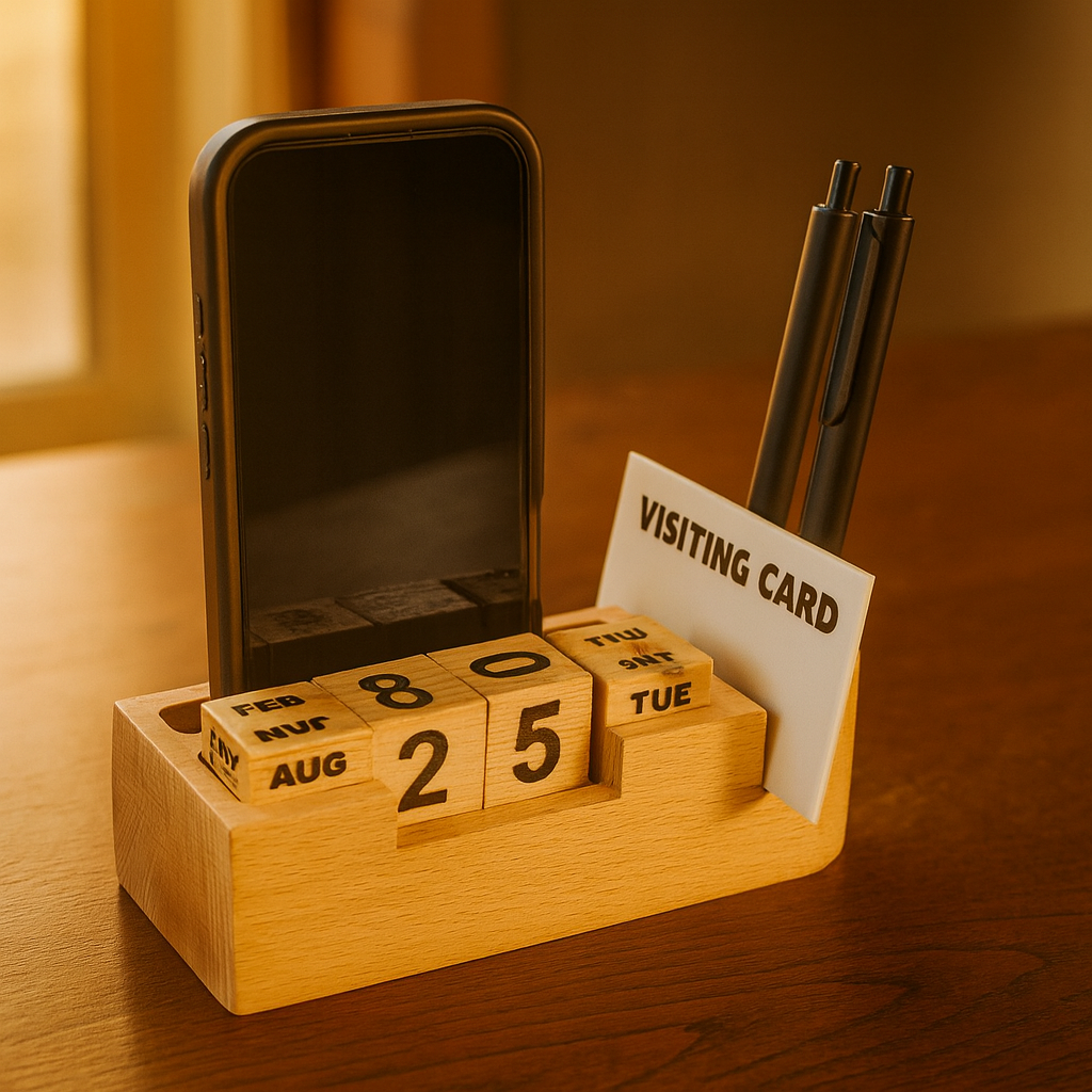 OE120 - 4-in-1 Wooden Beech Desk Stand – Perpetual Calendar, Pen Holder, Card Holder & Mobile Stand - Image 3