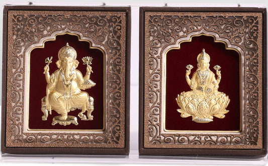 24K Gold Art Ganesh Ji and Laxmi Maa Divine Frame - Essential Collection