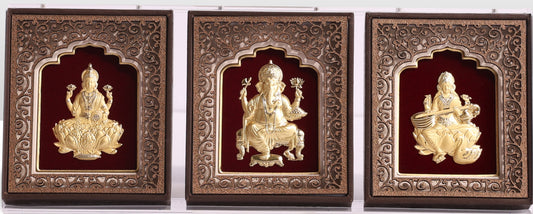 24K Gold Art Ganesh Ji, Laxmi Maa and Saraswati Maa Divine Frame - Essential Collection