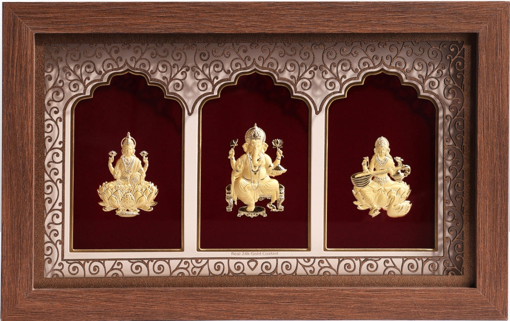 24K Gold Art Ganesh Ji, Laxmi Maa and Saraswati Maa Divine Frame - Signature Collection