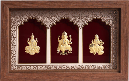 24K Gold Art Ganesh Ji, Laxmi Maa and Saraswati Maa Divine Frame - Signature Collection