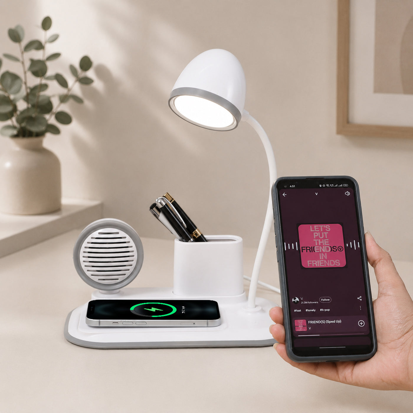 ED166- 4-IN-1 DeskPod Lamp, Wireless Charger, Pen Stand & Phone Stand