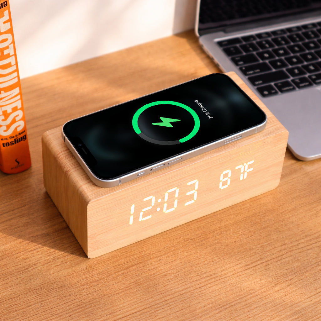 ED59- Wooden Digital Alarm Clock with Wireless Charging