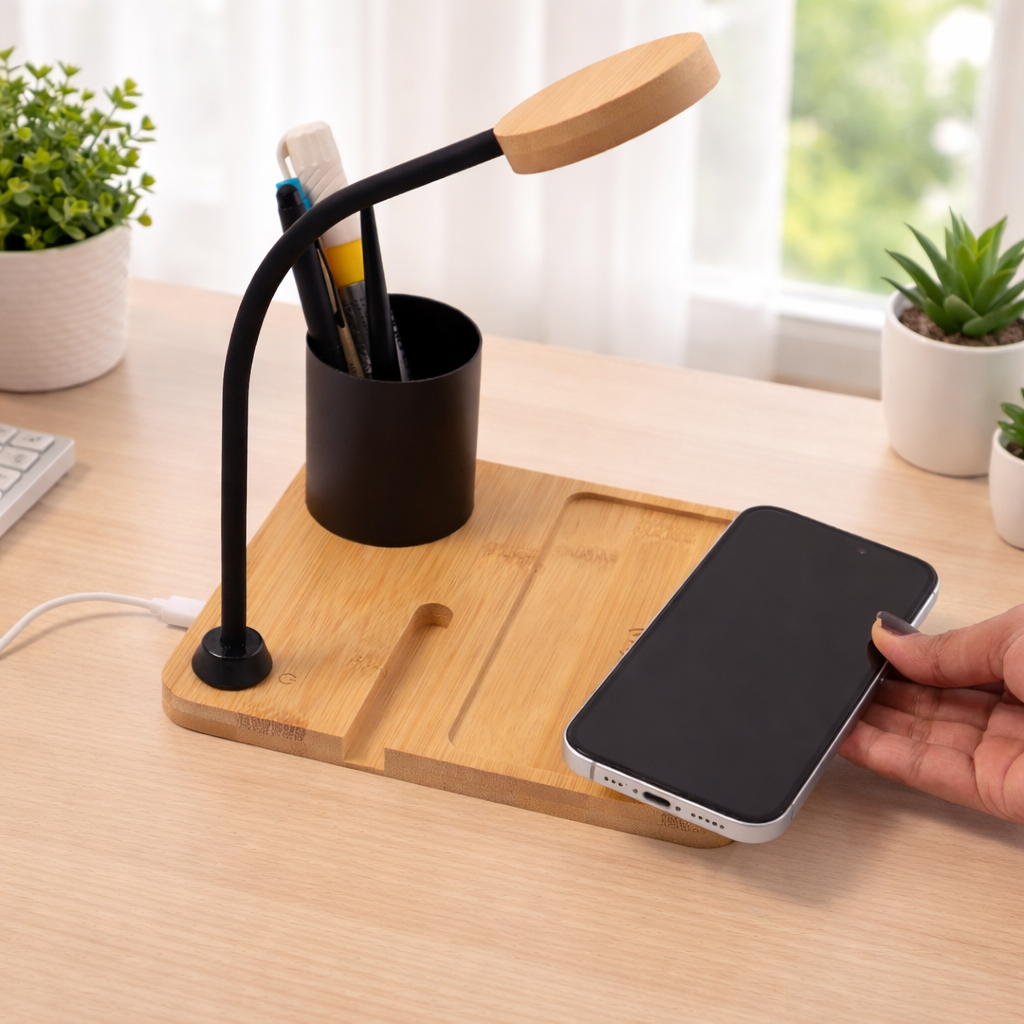 ED162- WoodWave 15W Wireless Charger, LED Lamp, Metal Pen Holder & Phone Stand