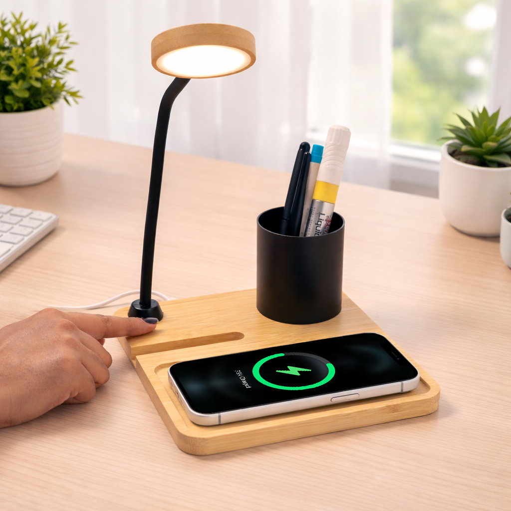 ED162- WoodWave 15W Wireless Charger, LED Lamp, Metal Pen Holder & Phone Stand