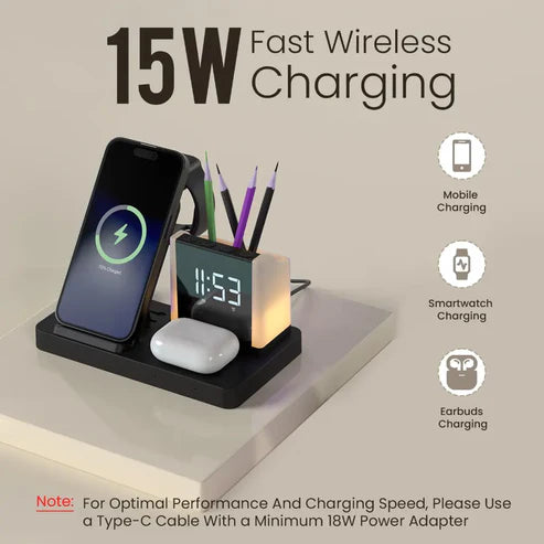 ED38- Portronics Hexacharge  6‑IN‑1 15W Fast Wireless Charging Station with Digital Alarm Clock