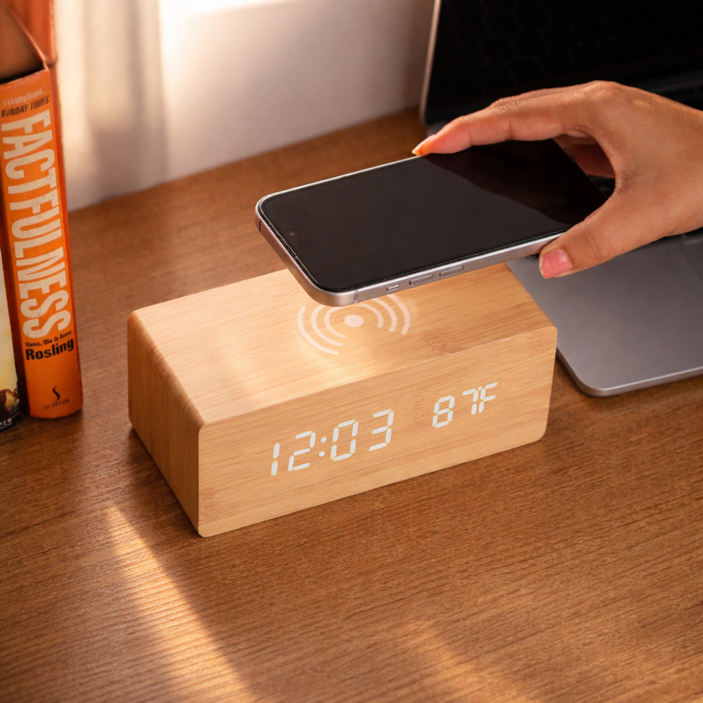 ED59- Wooden Digital Alarm Clock with Wireless Charging