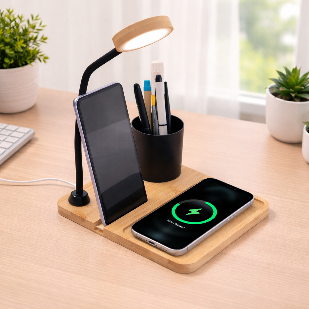 ED162- WoodWave 15W Wireless Charger, LED Lamp, Metal Pen Holder & Phone Stand