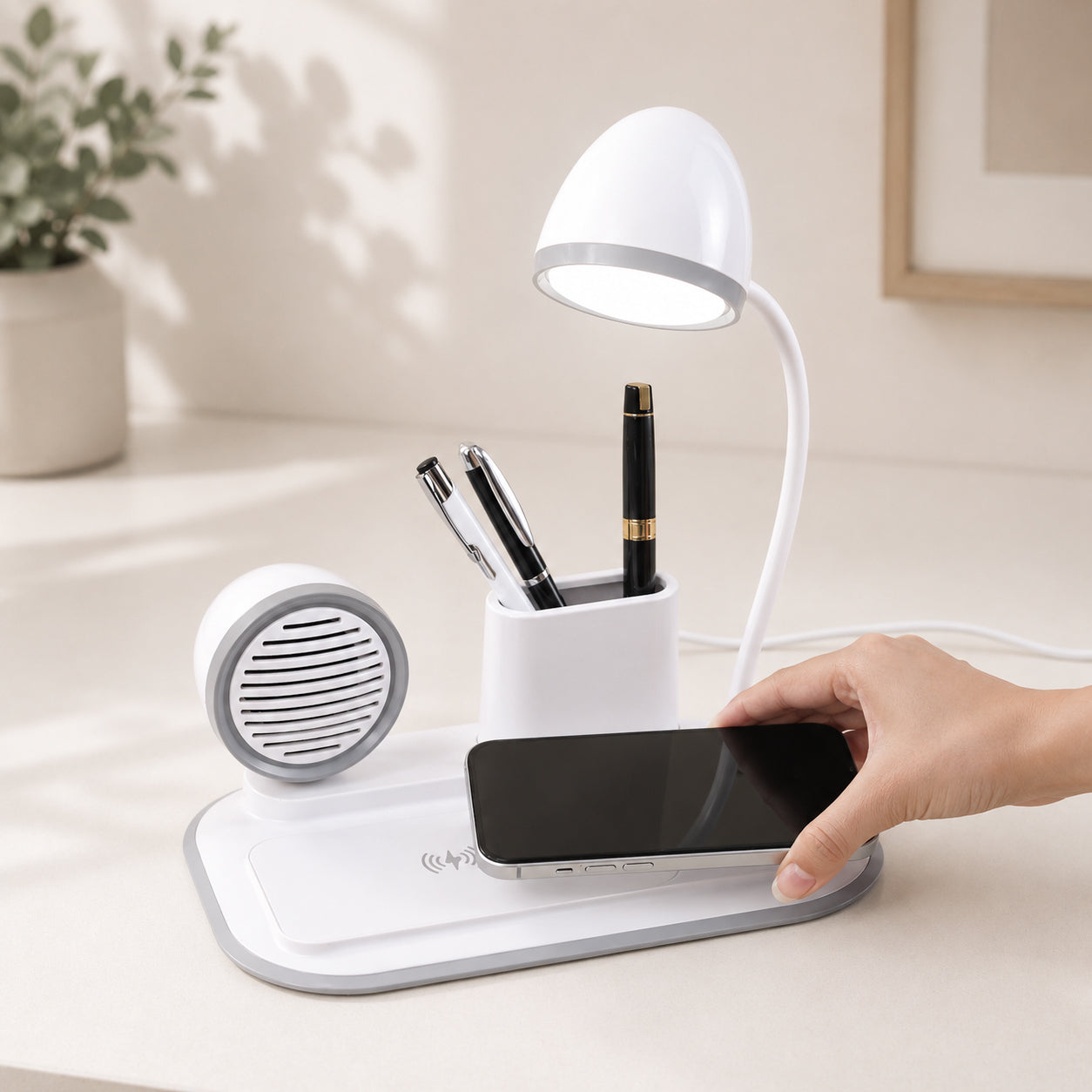 ED166- 4-IN-1 DeskPod Lamp, Wireless Charger, Pen Stand & Phone Stand