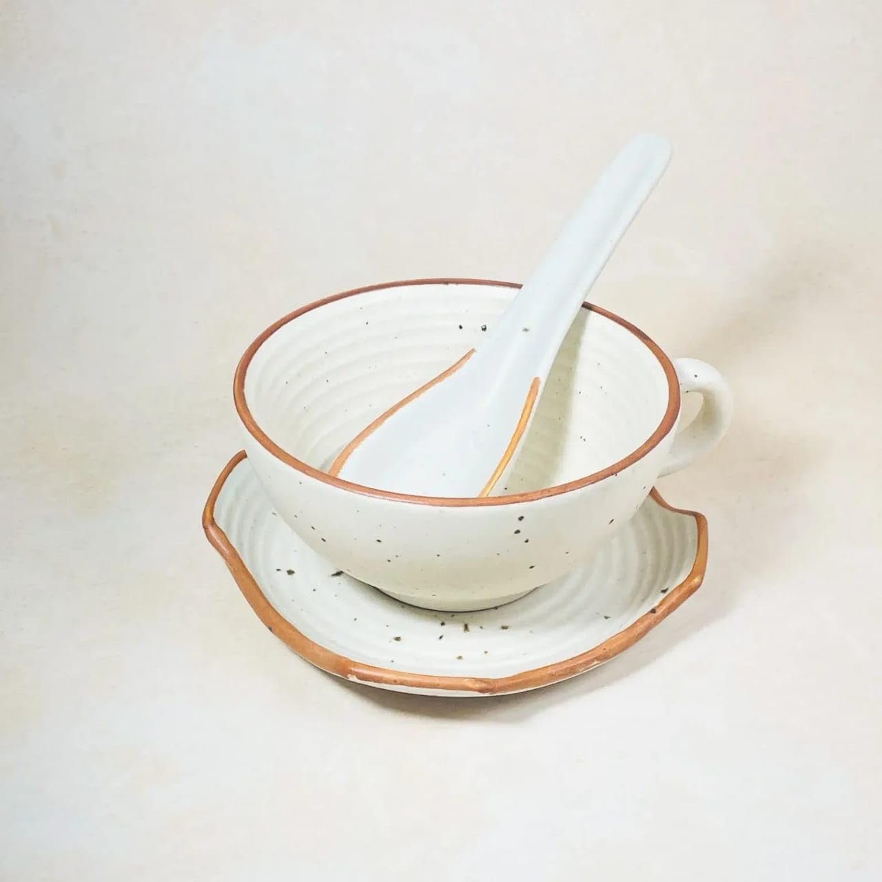 KE03- Handmade Ceramic Soup Bowl & Saucer with Spoon