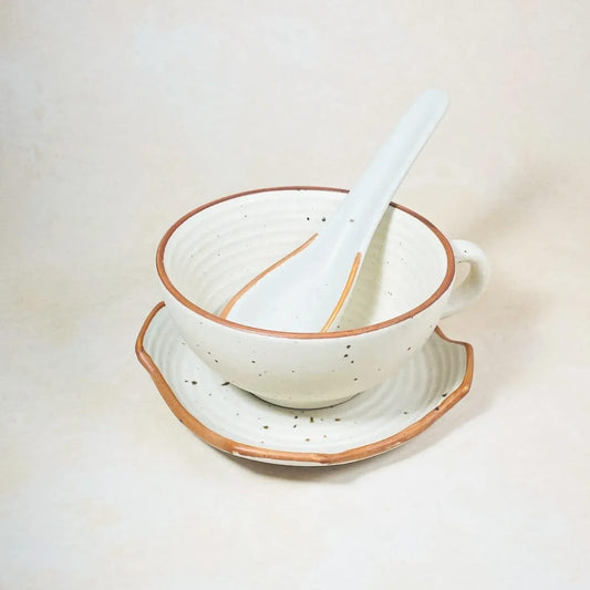 KE03- Handmade Ceramic Soup Bowl & Saucer with Spoon