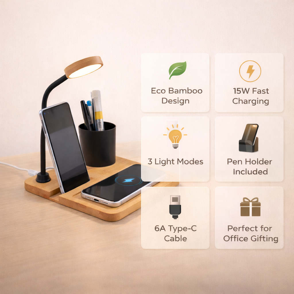 ED162- WoodWave 15W Wireless Charger, LED Lamp, Metal Pen Holder & Phone Stand