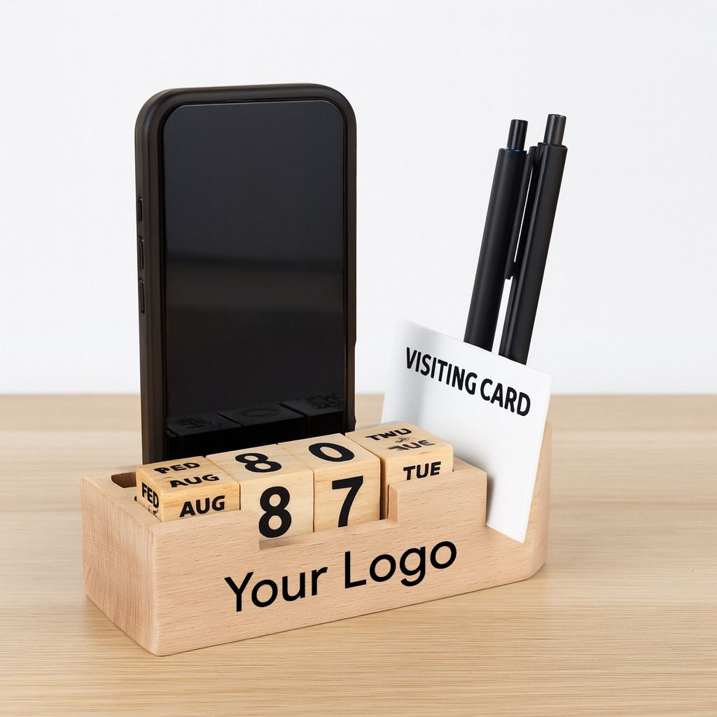 OE120 - 4-in-1 Wooden Beech Desk Stand – Perpetual Calendar, Pen Holder, Card Holder & Mobile Stand