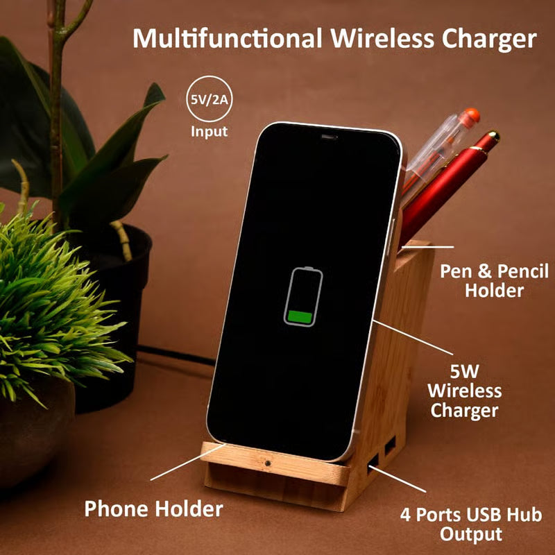 ED300- Wangari Maple 15W Wireless Charger & USB Hub With Pen Stand
