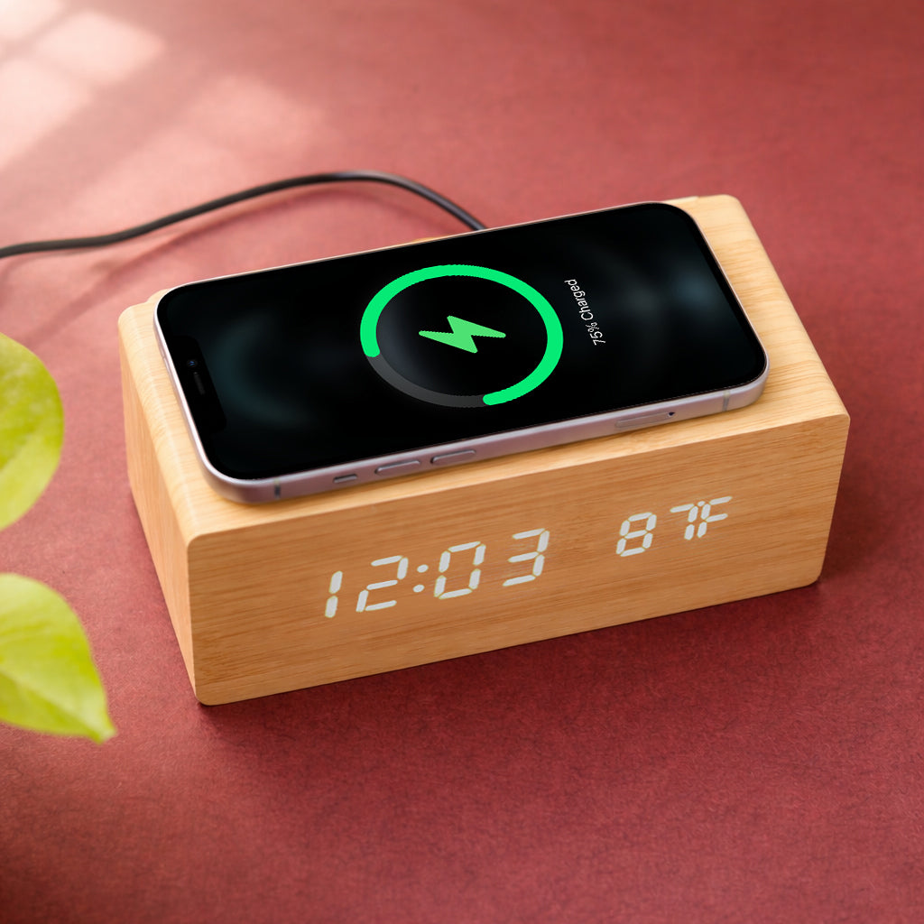 ED59- Wooden Digital Alarm Clock with Wireless Charging