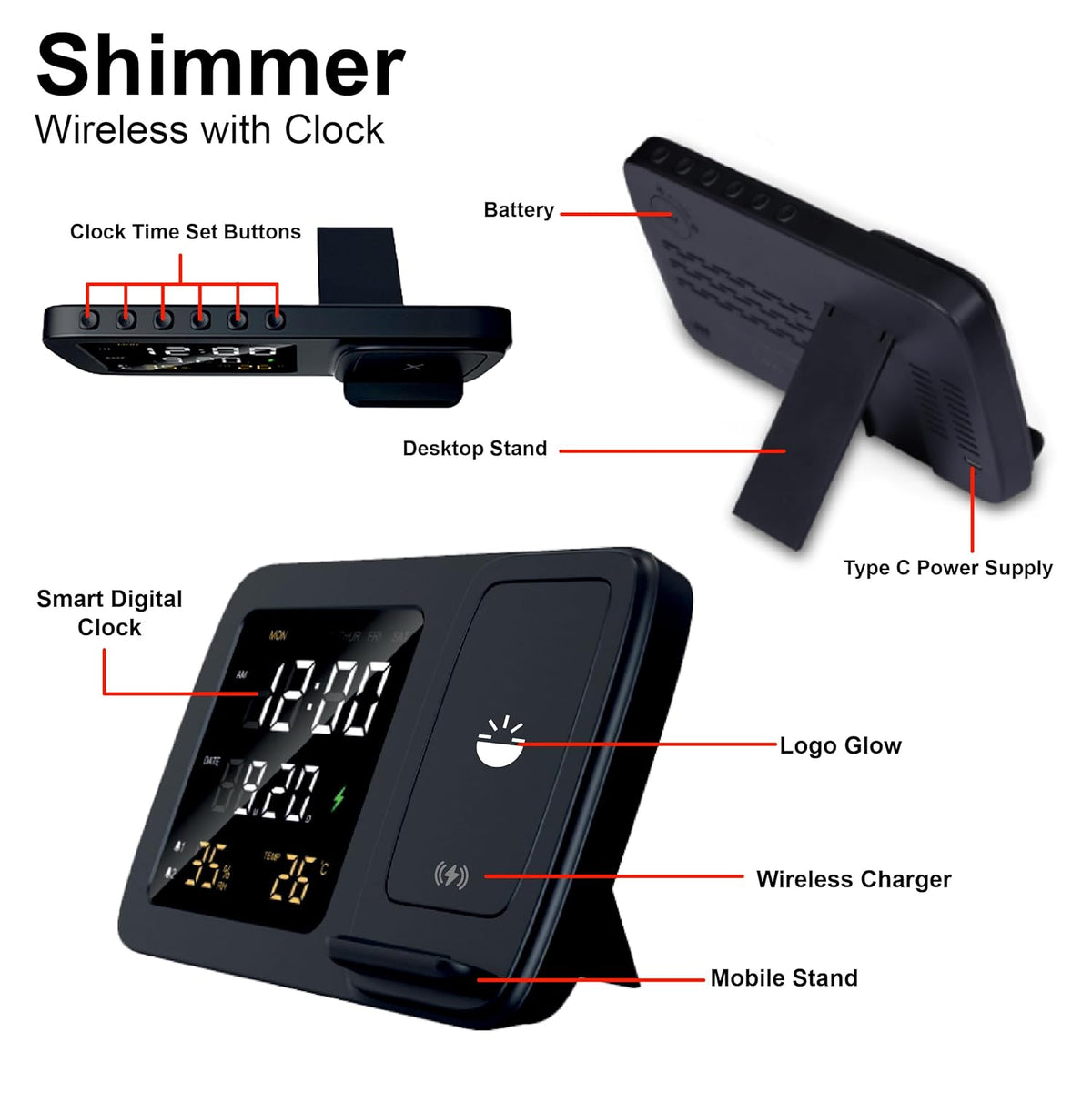 ED65- Shimmer Wireless Charger with LED Clock