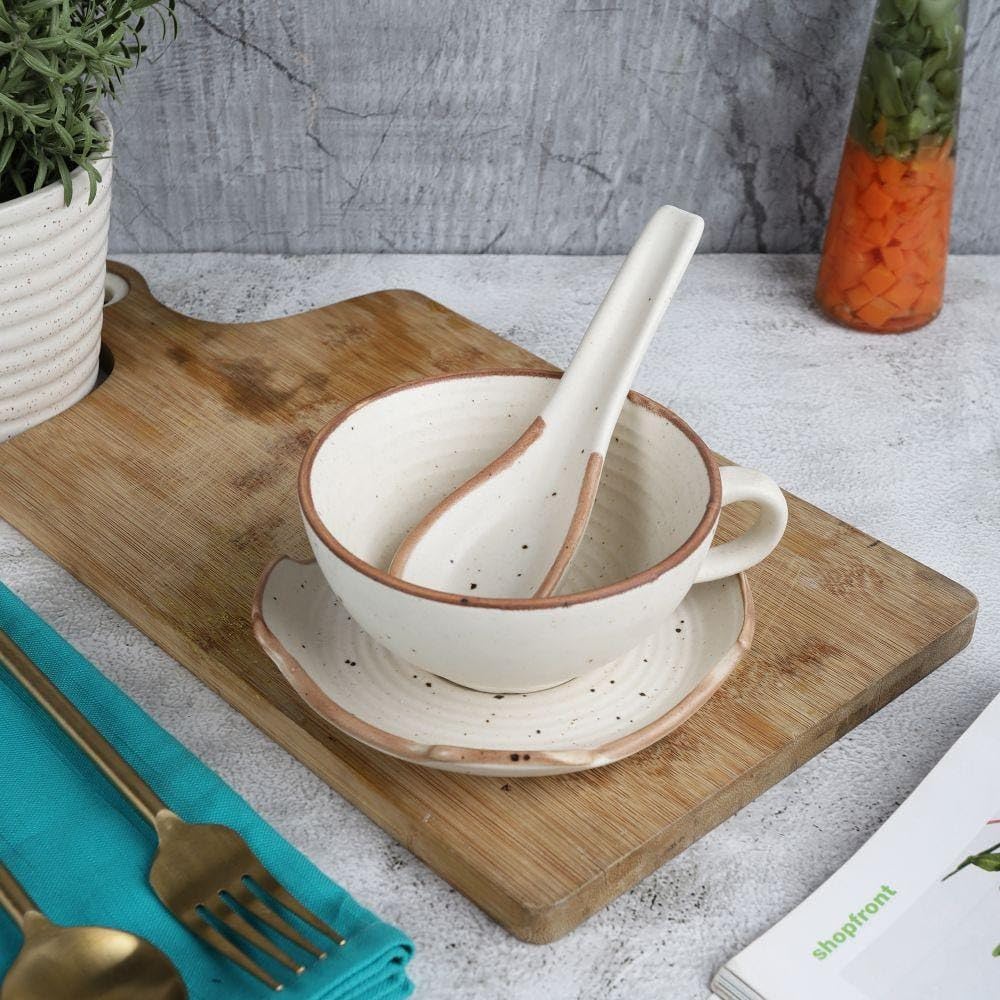 KE03- Handmade Ceramic Soup Bowl & Saucer with Spoon