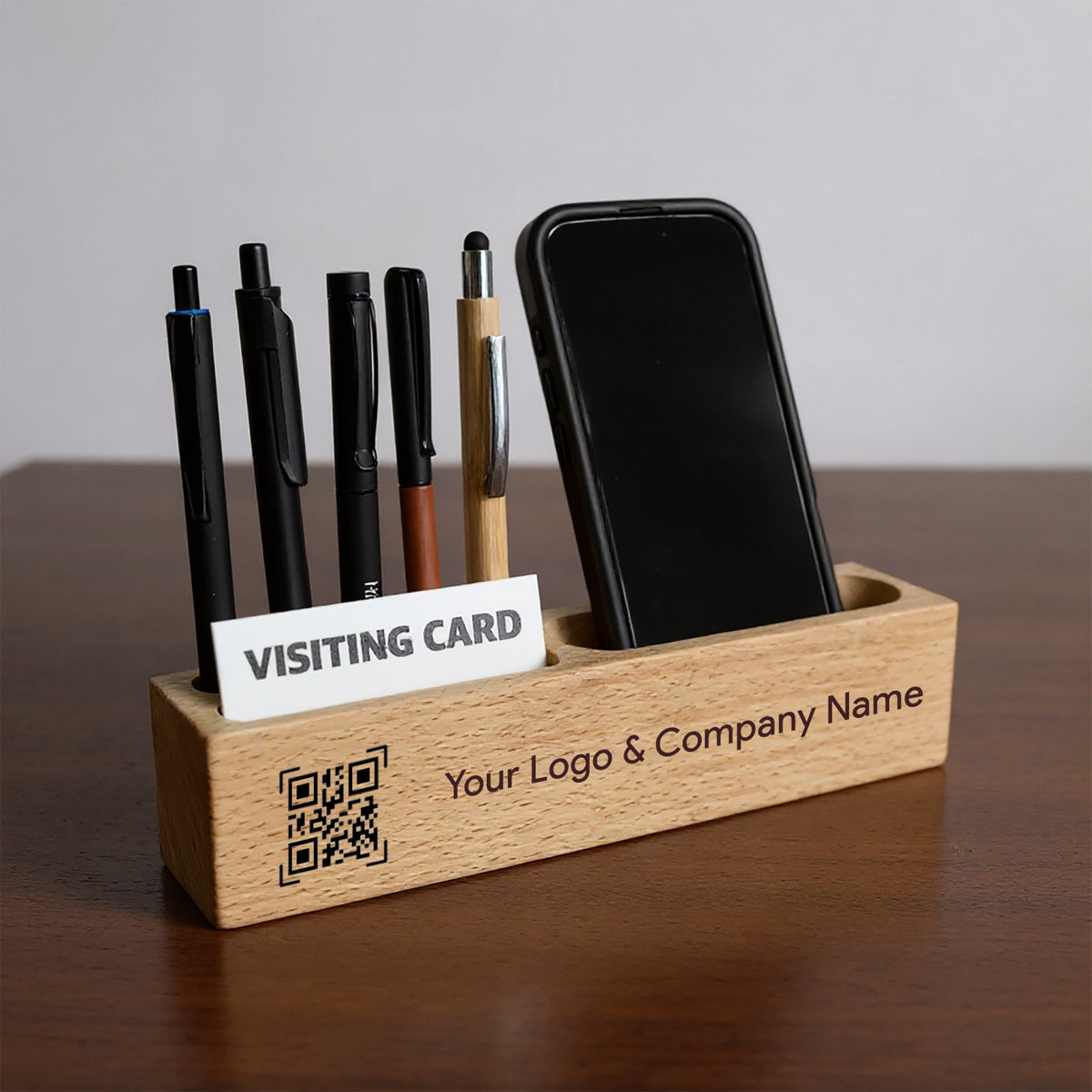 OE118 - 3-in-1 Wooden Desk Organizer – Mobile, Pen & Visiting Card Holder