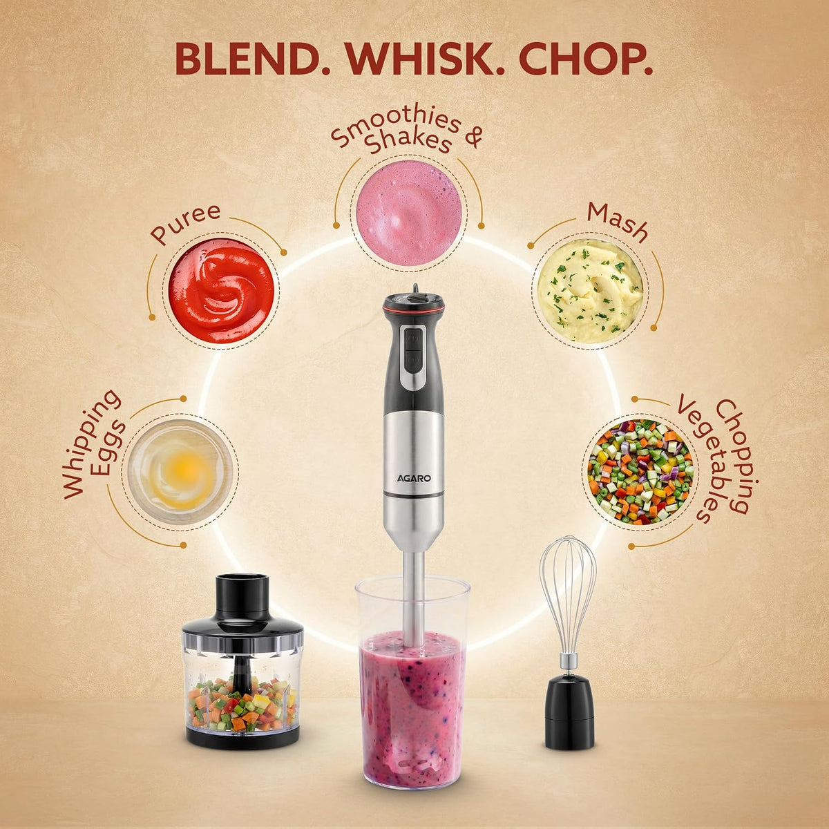 ED373- AGARO Grand 1000 Watts Hand Blender With Chopper, Jar & Whisker