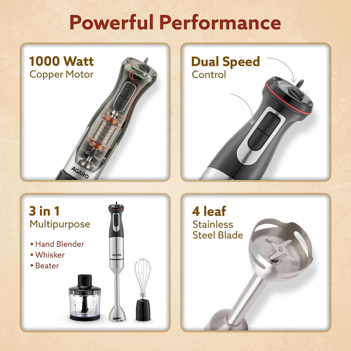 ED373- AGARO Grand 1000 Watts Hand Blender With Chopper, Jar & Whisker
