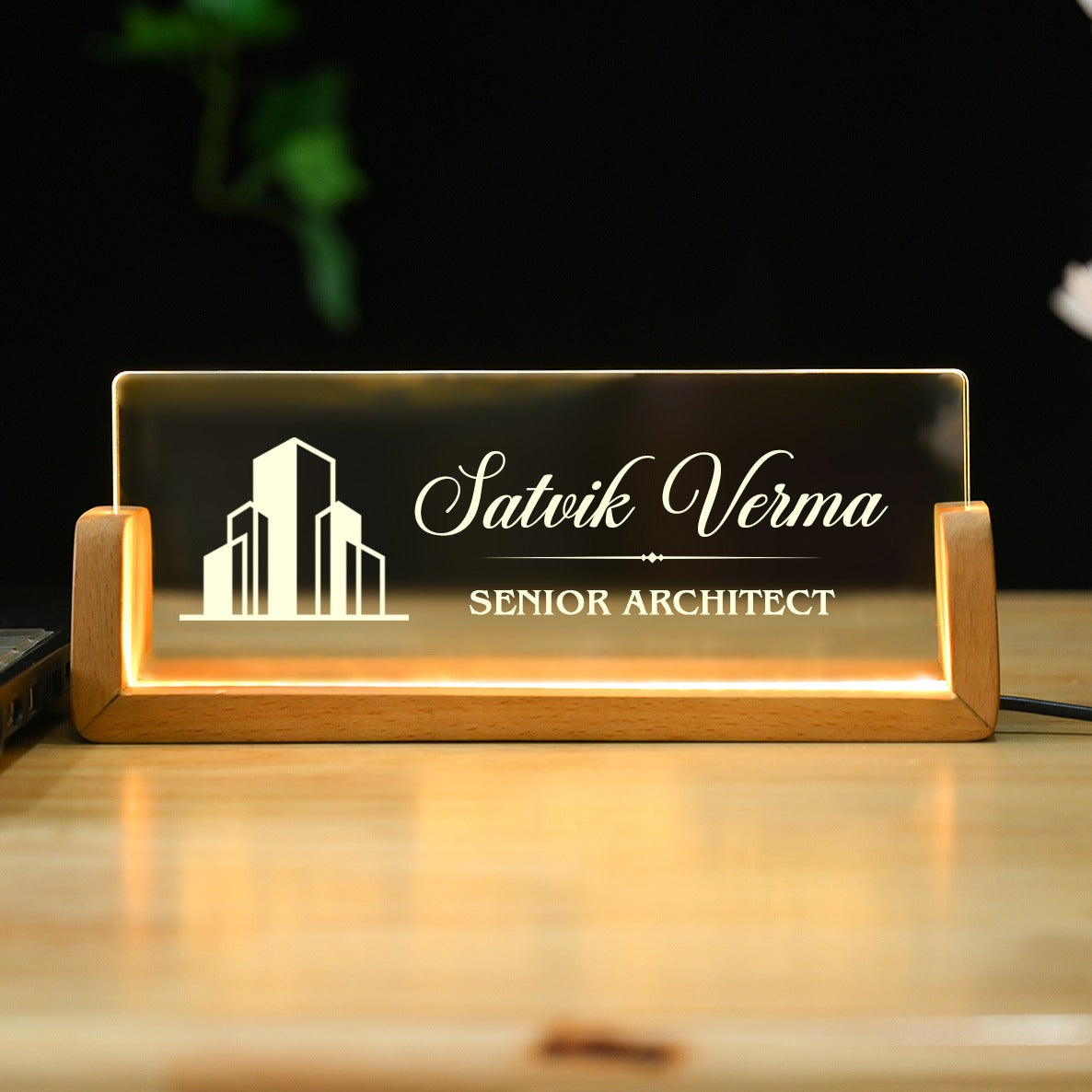OE114 - Personalised Illuminated Desk Name Plate with Wooden Base - Image 4
