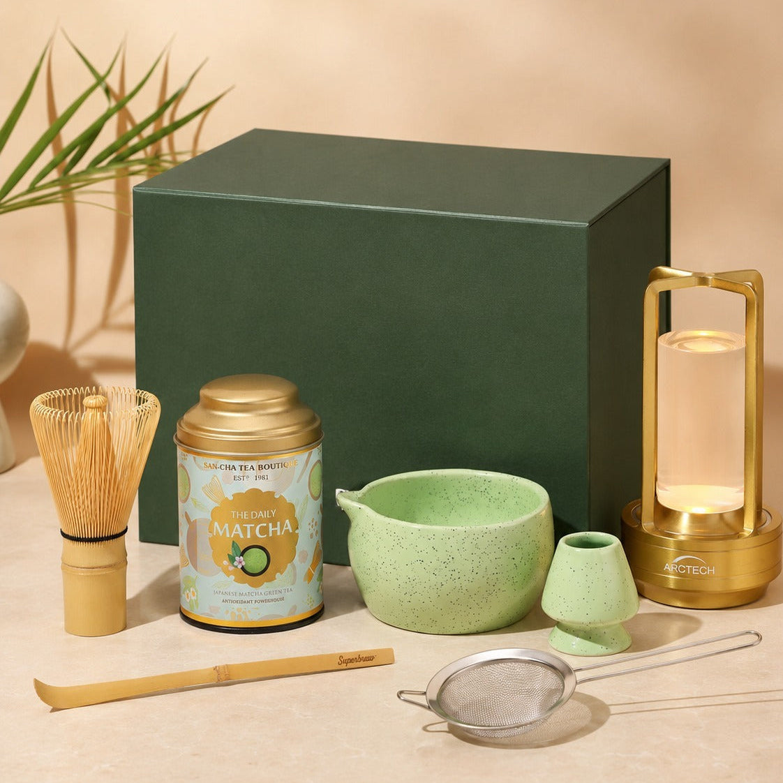 Matcha Mindfulness Hamper products displayed with the customized green gift box