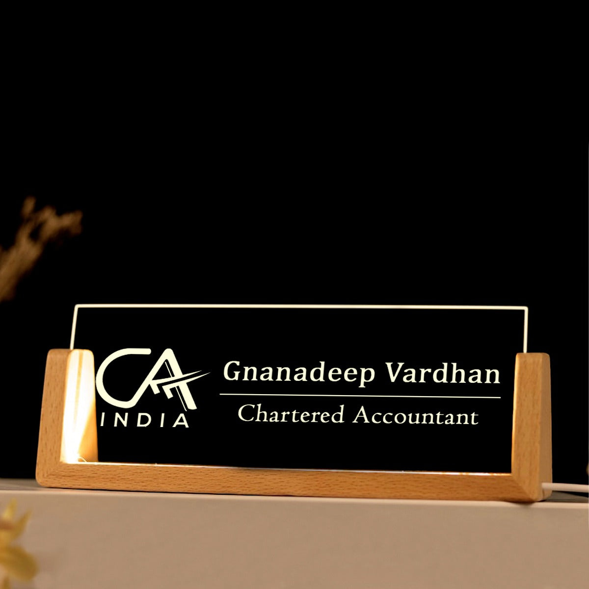 OE114 - Personalised Illuminated Desk Name Plate with Wooden Base - Image 5