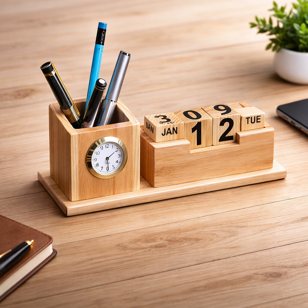 OE130 - Personalised Wooden Desk Organiser with Clock & Perpetual Calendar - Image 2