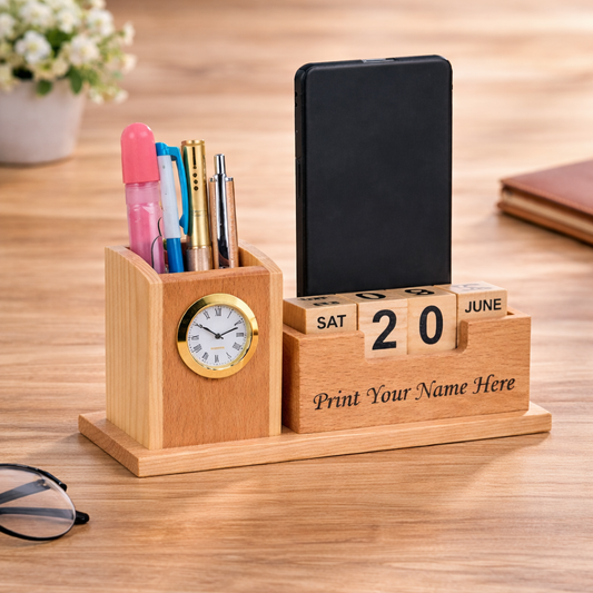 OE130 - Personalised Wooden Desk Organiser with Clock & Perpetual Calendar