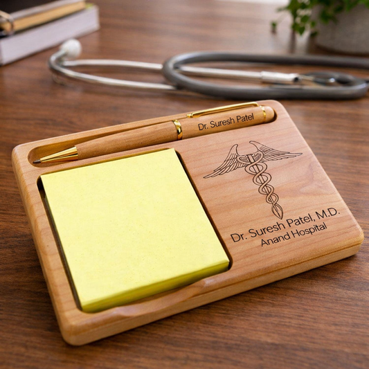 OE132 - Personalised Wooden Desk Organiser with Engraved Pen & Notepad Holder