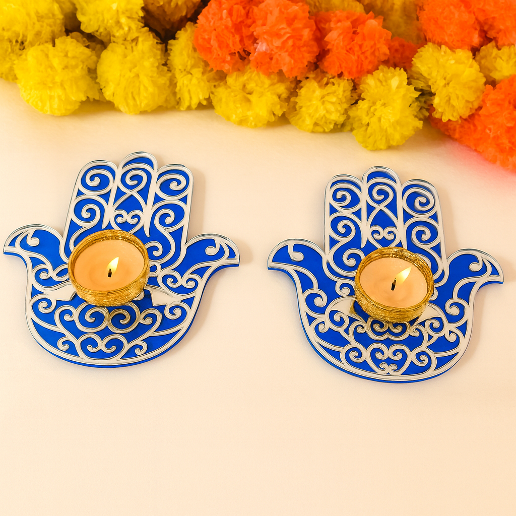 OE123 - Hamsa Hand Wooden with T-lights Set of 2 | Diwali Gifting - Image 3