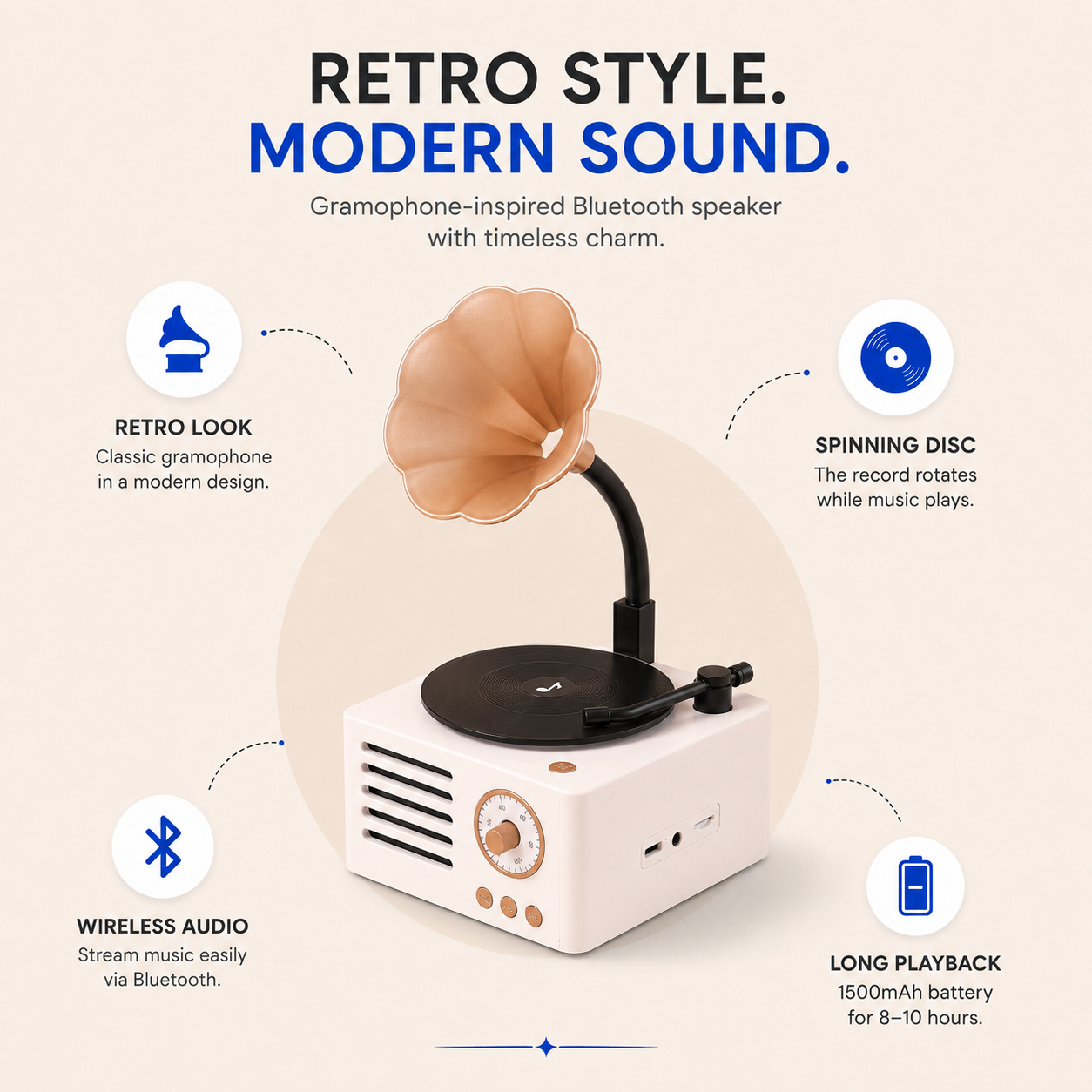 OG61- White Retro Gramophone Bluetooth Speaker