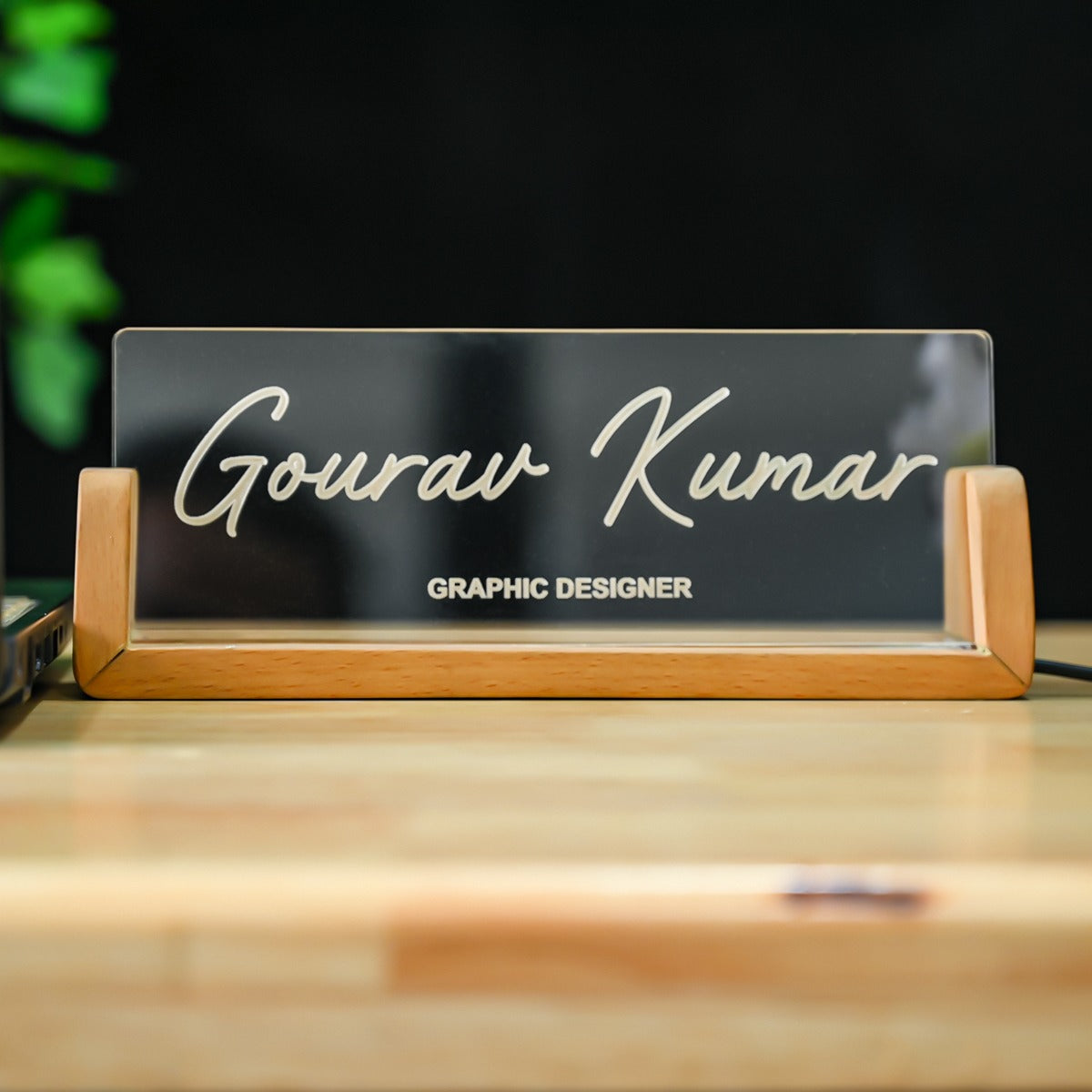 OE114 - Personalised Illuminated Desk Name Plate with Wooden Base - Image 8