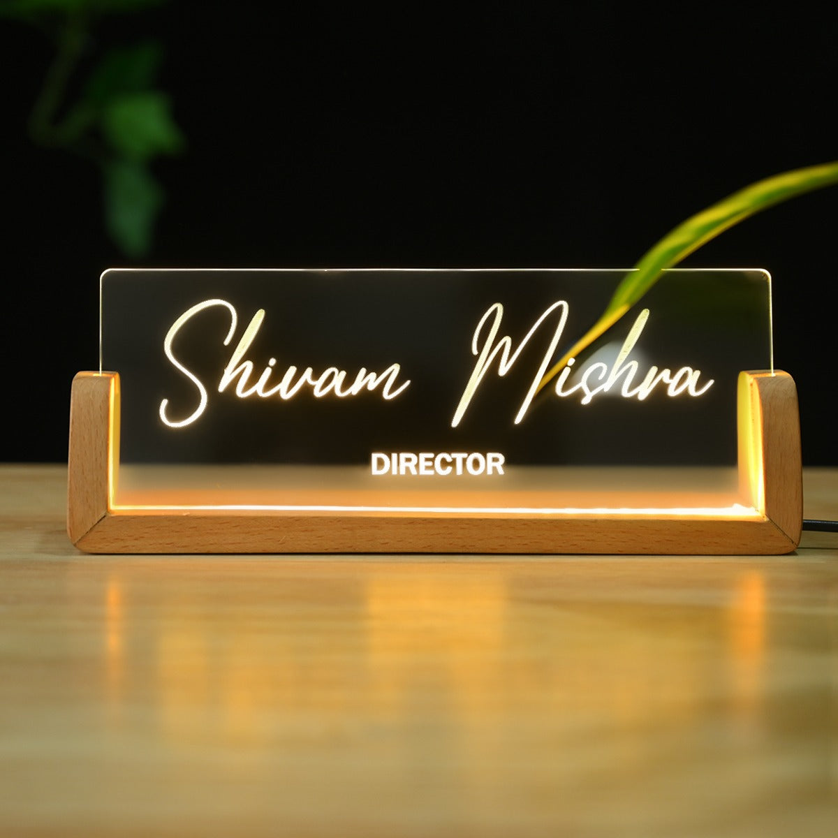 OE114 - Personalised Illuminated Desk Name Plate with Wooden Base - Image 2