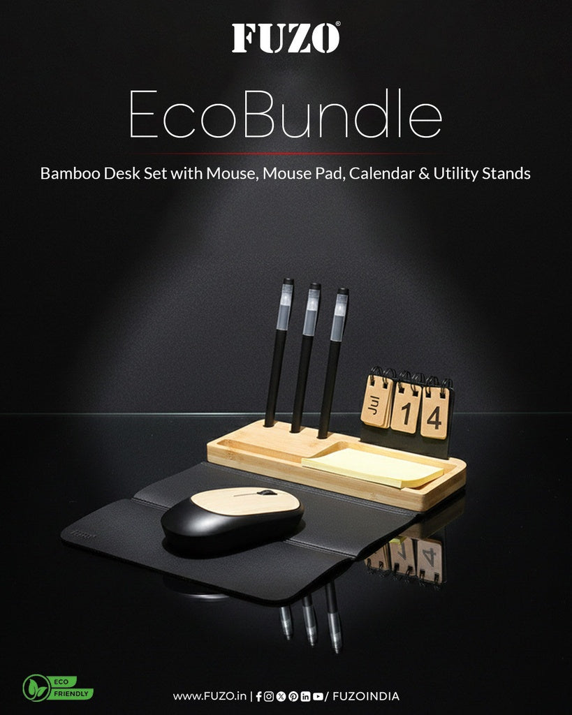 OE27- FUZO EcoBundle Bamboo Desk Set | Mouse, Mouse Pad, Calendar & Utility Stands