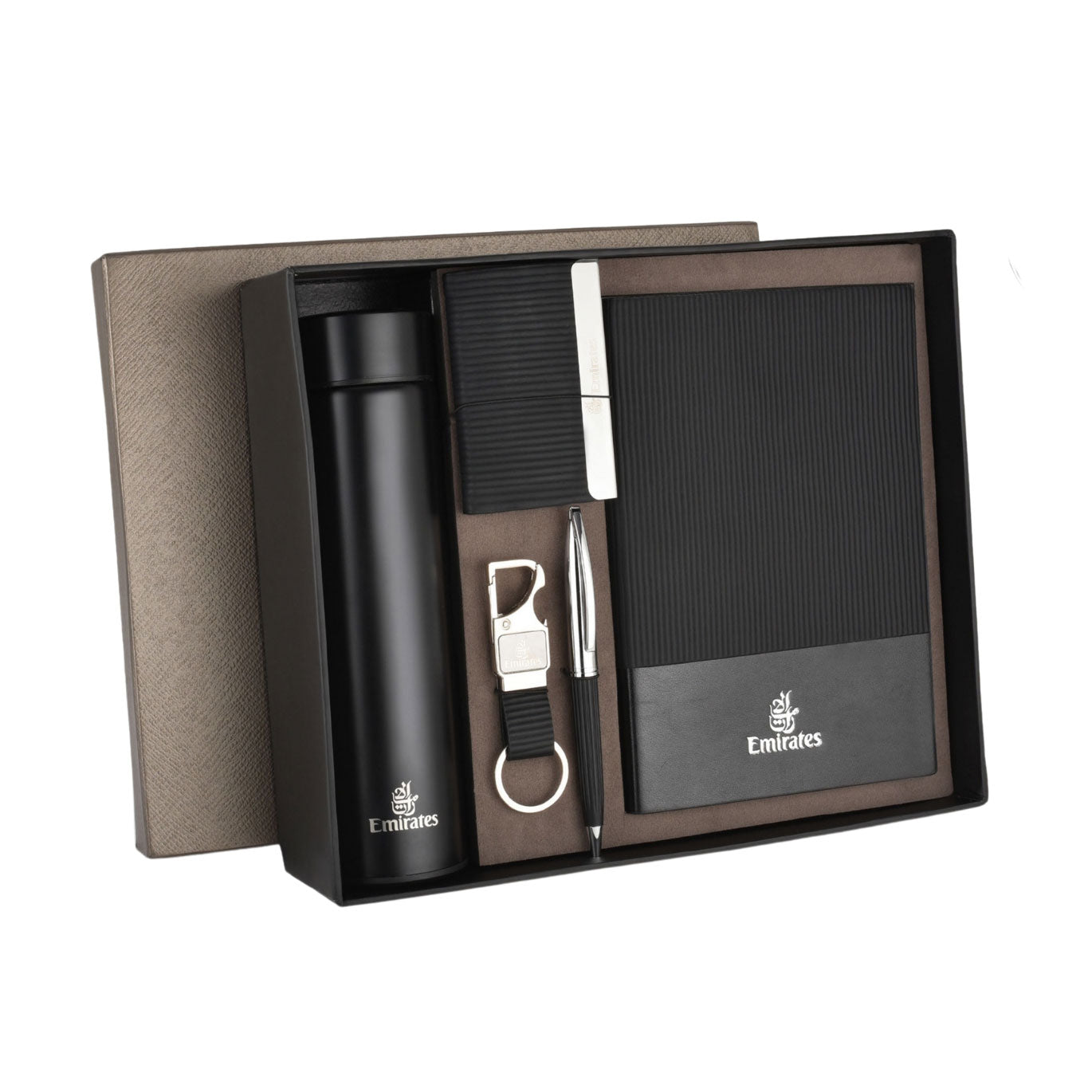 EJK24- Emirates 5-IN-1 Gift Set | Notebook | Pen | Flask | Card Holder | Keychain