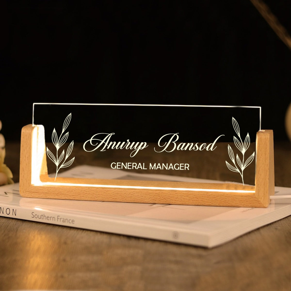 OE114 - Personalised Illuminated Desk Name Plate with Wooden Base - Image 7