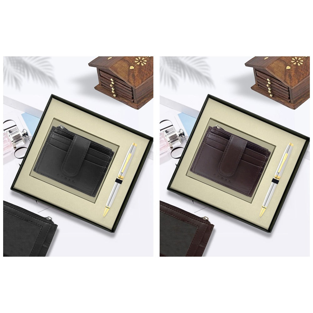 GS56 - Cross Coventry Chrome/Gold BP Pen + Leather Card Holder square catalogue product image