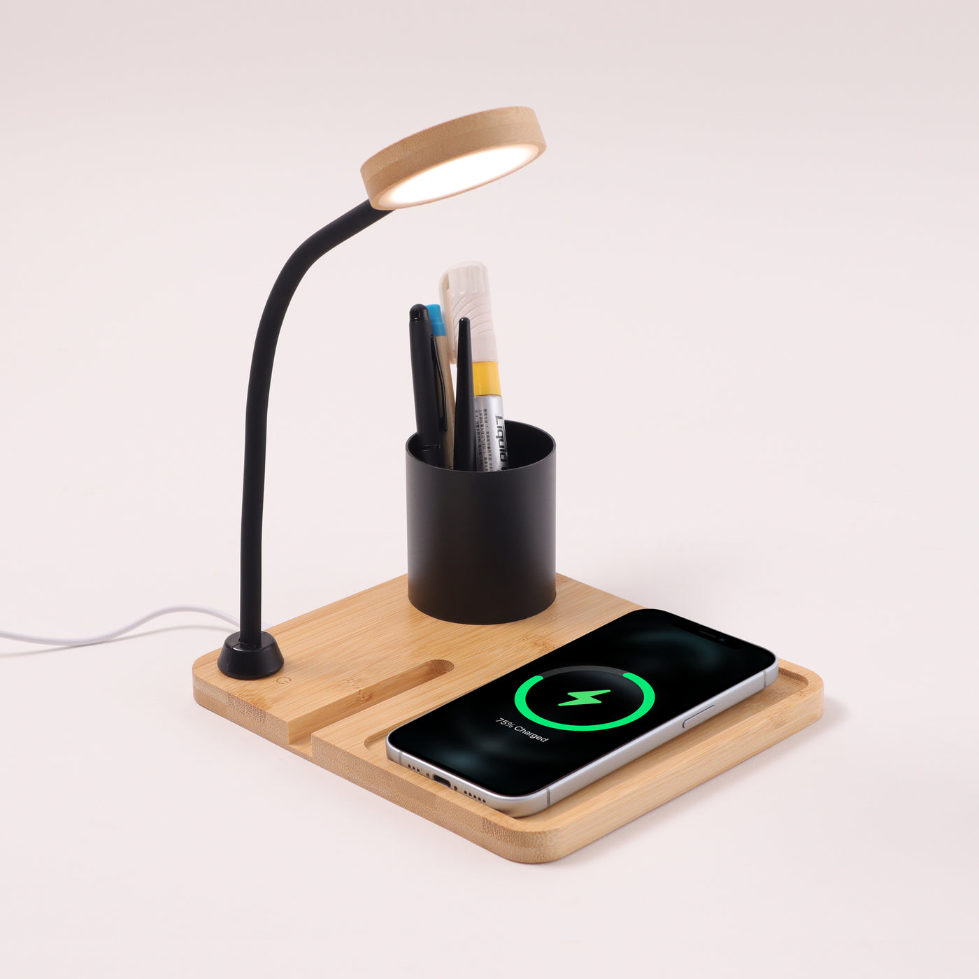 ED162- WoodWave 15W Wireless Charger, LED Lamp, Metal Pen Holder & Phone Stand
