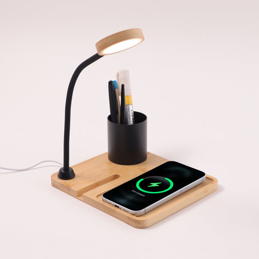 ED162- WoodWave 15W Wireless Charger, LED Lamp, Metal Pen Holder & Phone Stand