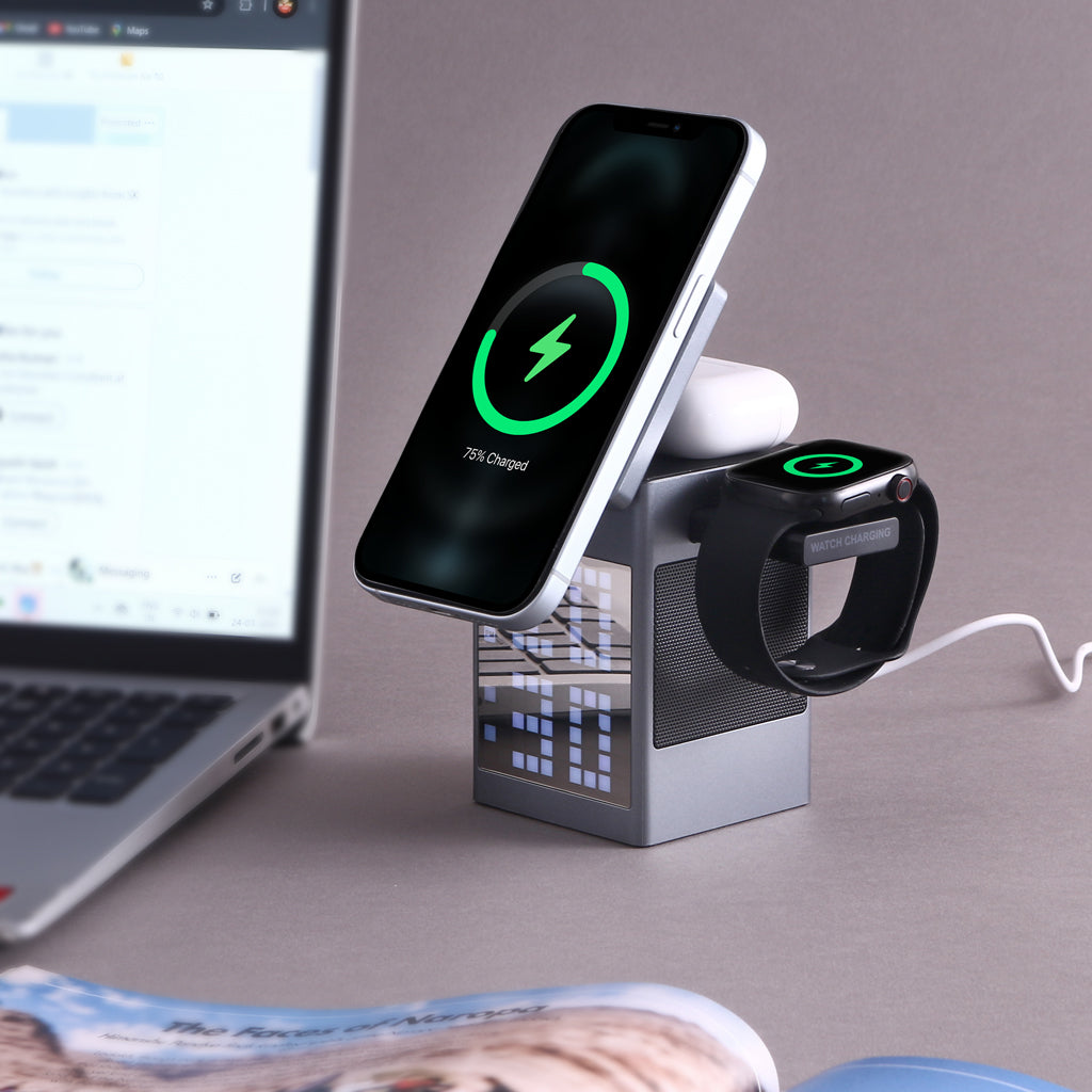 OG05- Pixel Dock 5-IN-1 Wireless Charger with Speaker and Clock