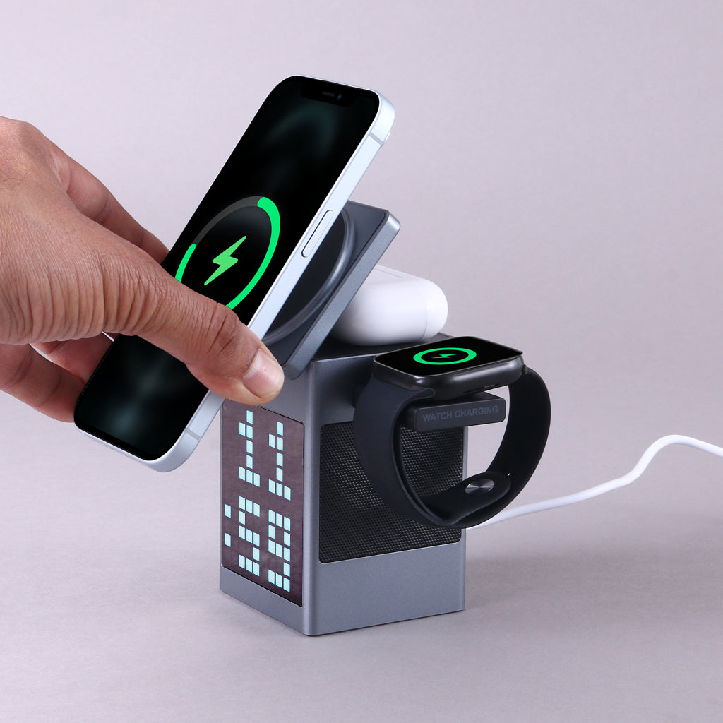 OG05- Pixel Dock 5-IN-1 Wireless Charger with Speaker and Clock