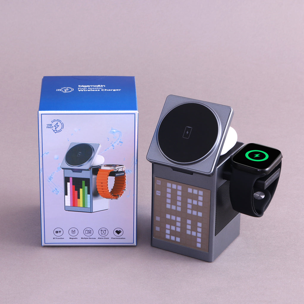 OG05- Pixel Dock 5-IN-1 Wireless Charger with Speaker and Clock