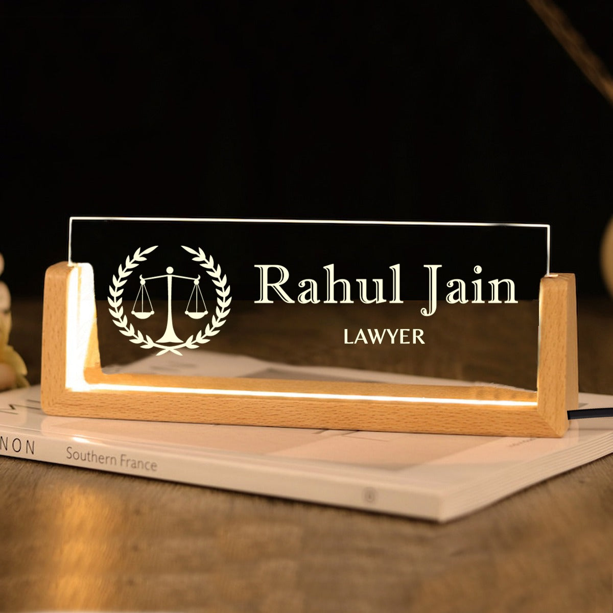 OE114 - Personalised Illuminated Desk Name Plate with Wooden Base - Image 6