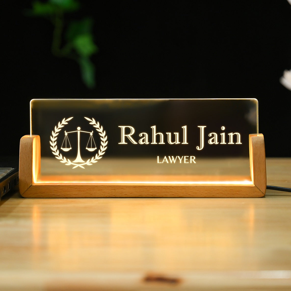 OE114 - Personalised Illuminated Desk Name Plate with Wooden Base - Image 3